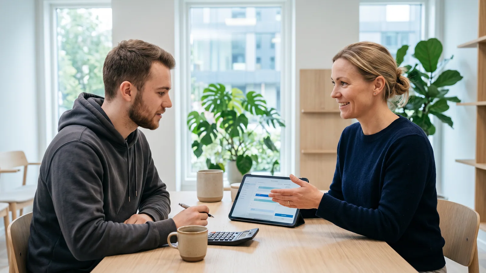 En ung mann og en klinikkrådgiver sitter ved et lyst trebord i en lys øyeklinikk og går gjennom en nedbetalingsplan på et nettbrett, med en kalkulator på bordet.