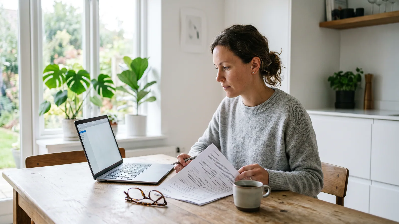 En kvinne sitter ved et lyst kjøkkenbord med laptop og papirer og gjennomgår forsikringsvilkår i et skandinavisk hjem.