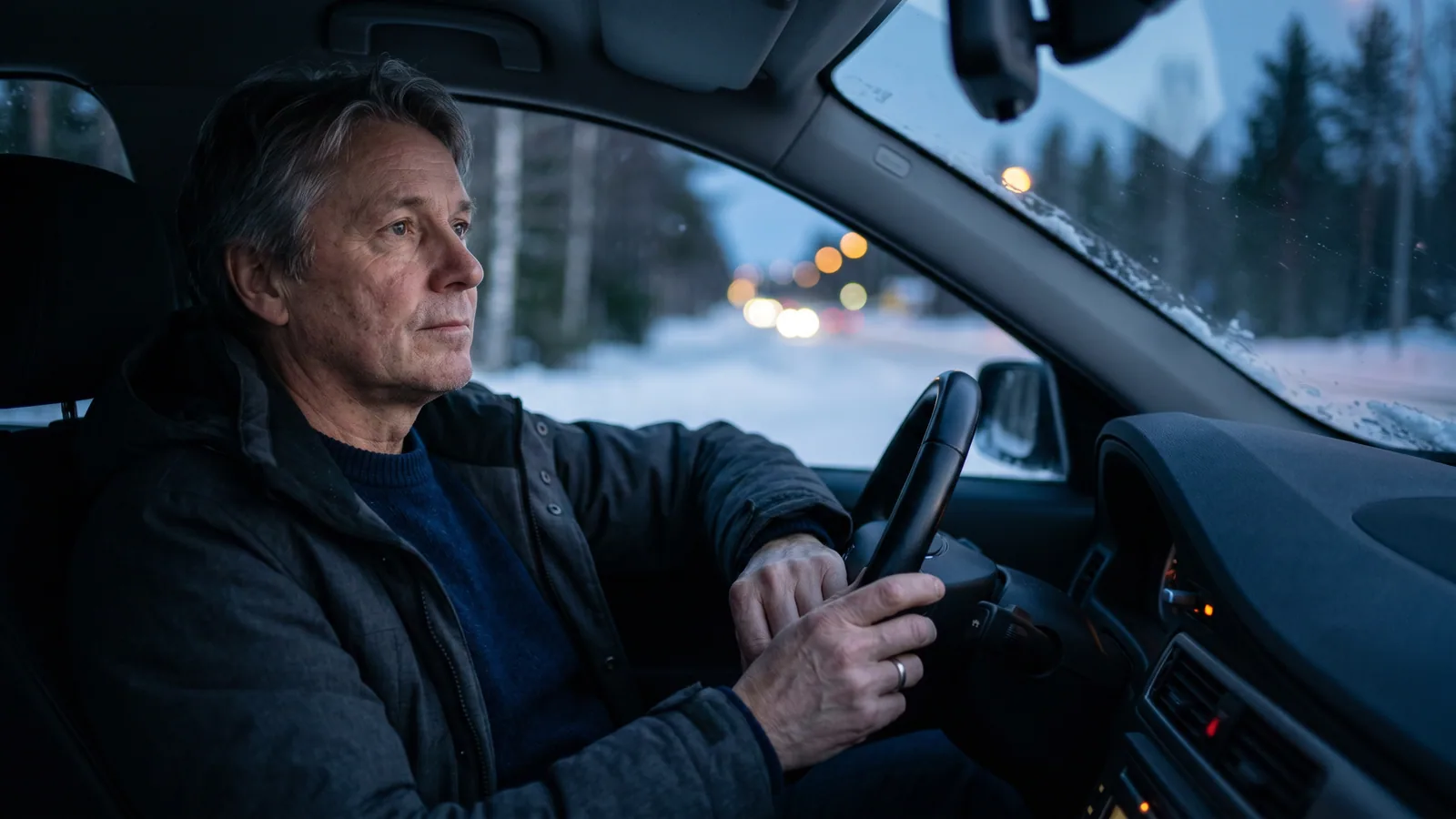 En voksen sjåfør bak rattet i blå vinterskumring på en snødekt vei, med uskarpe billykter som lysflekker langt fremme