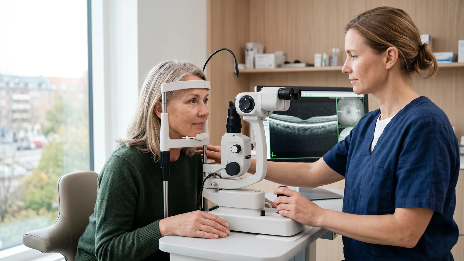 Optiker undersøker netthinnen til en kvinne i en spaltelampe på en lys øyeklinikk, med et OCT-skannbilde av netthinnen på skjermen ved siden av.
