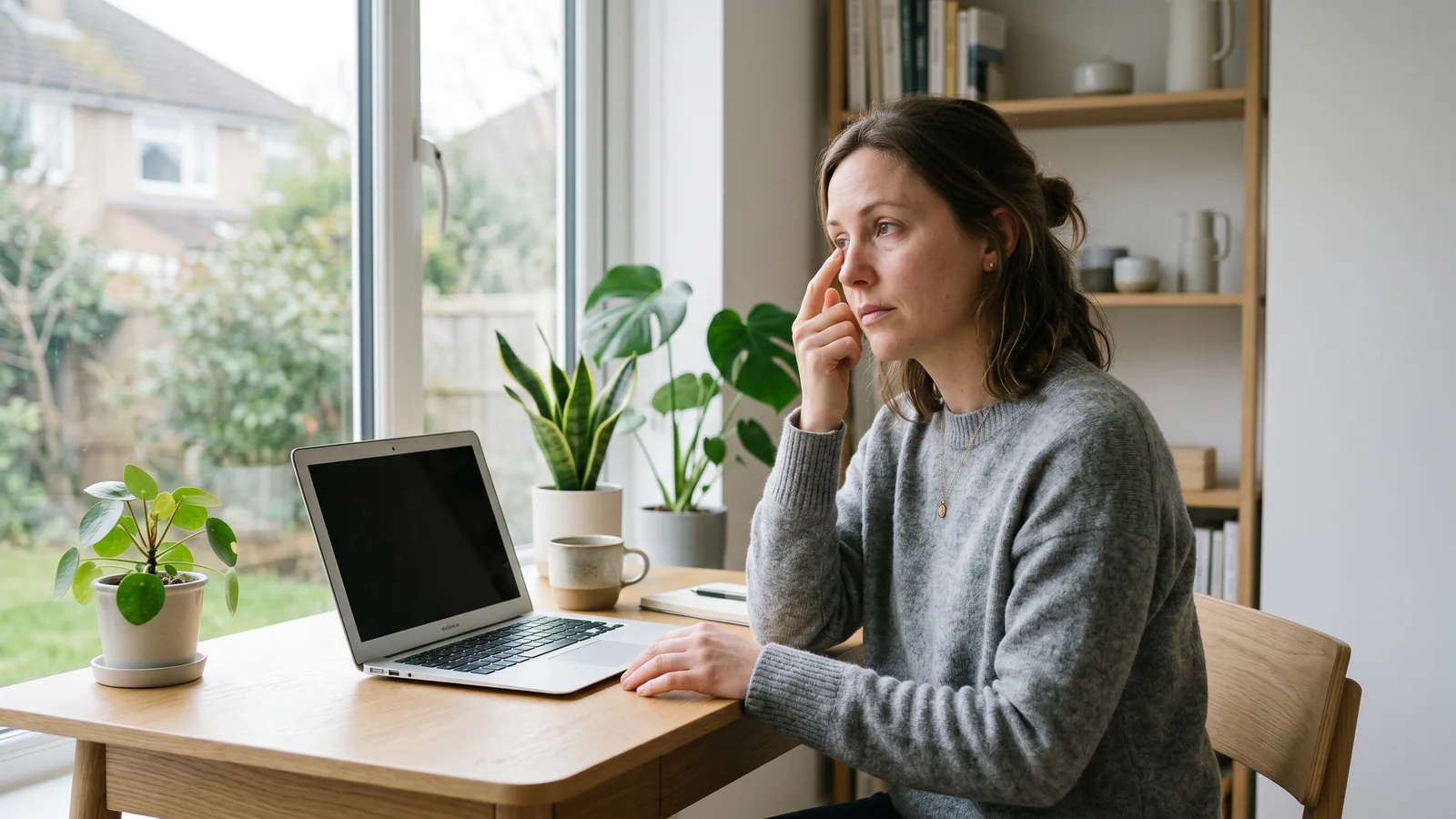 En kvinne ved et lyst skrivebord tar en kort pause fra laptopen og legger en fingertupp lett mot det nedre øyelokket som rykker.