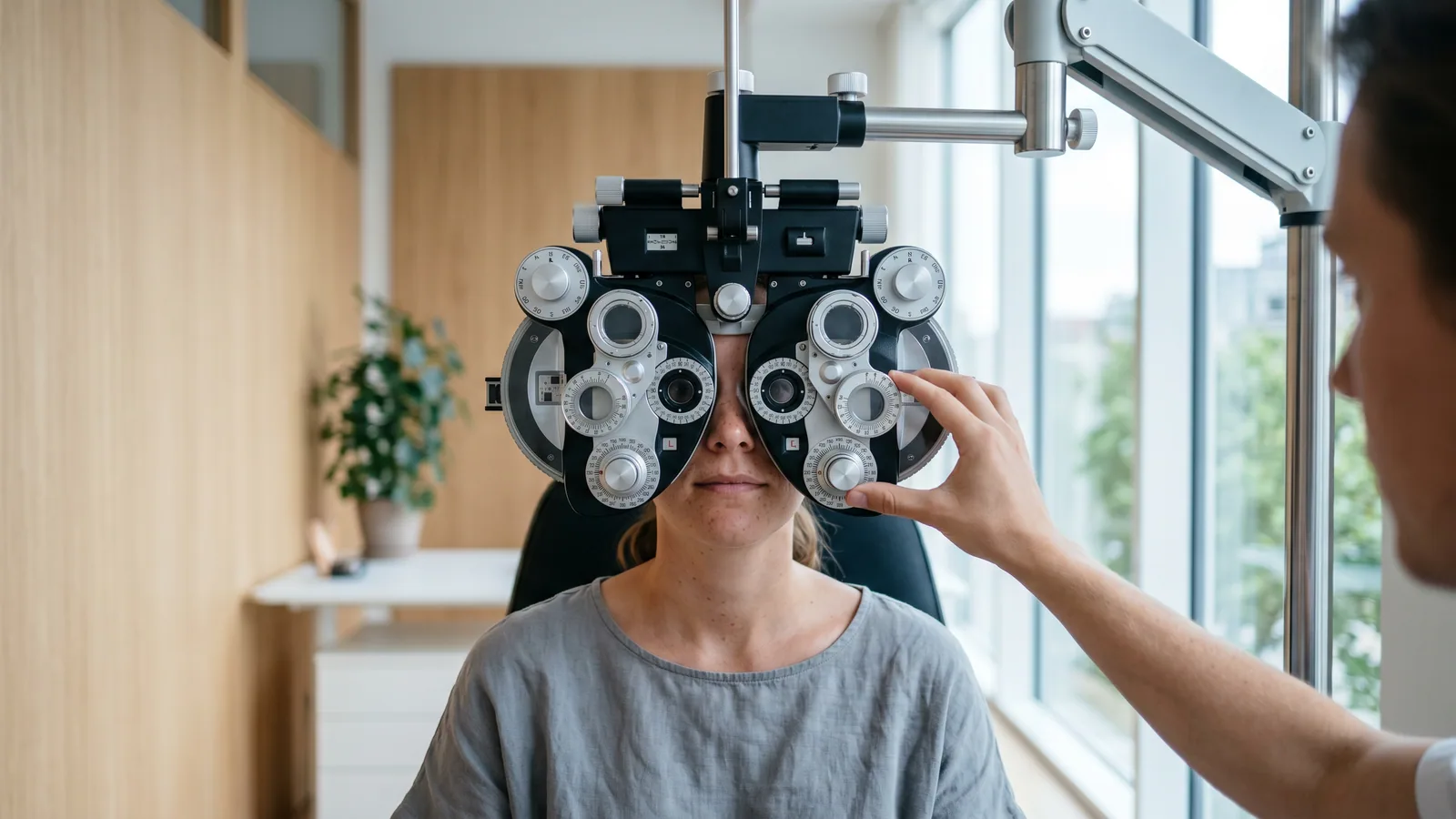 Pasient ser gjennom en foropter under en synstest hos optiker, mens optikeren justerer linsene.