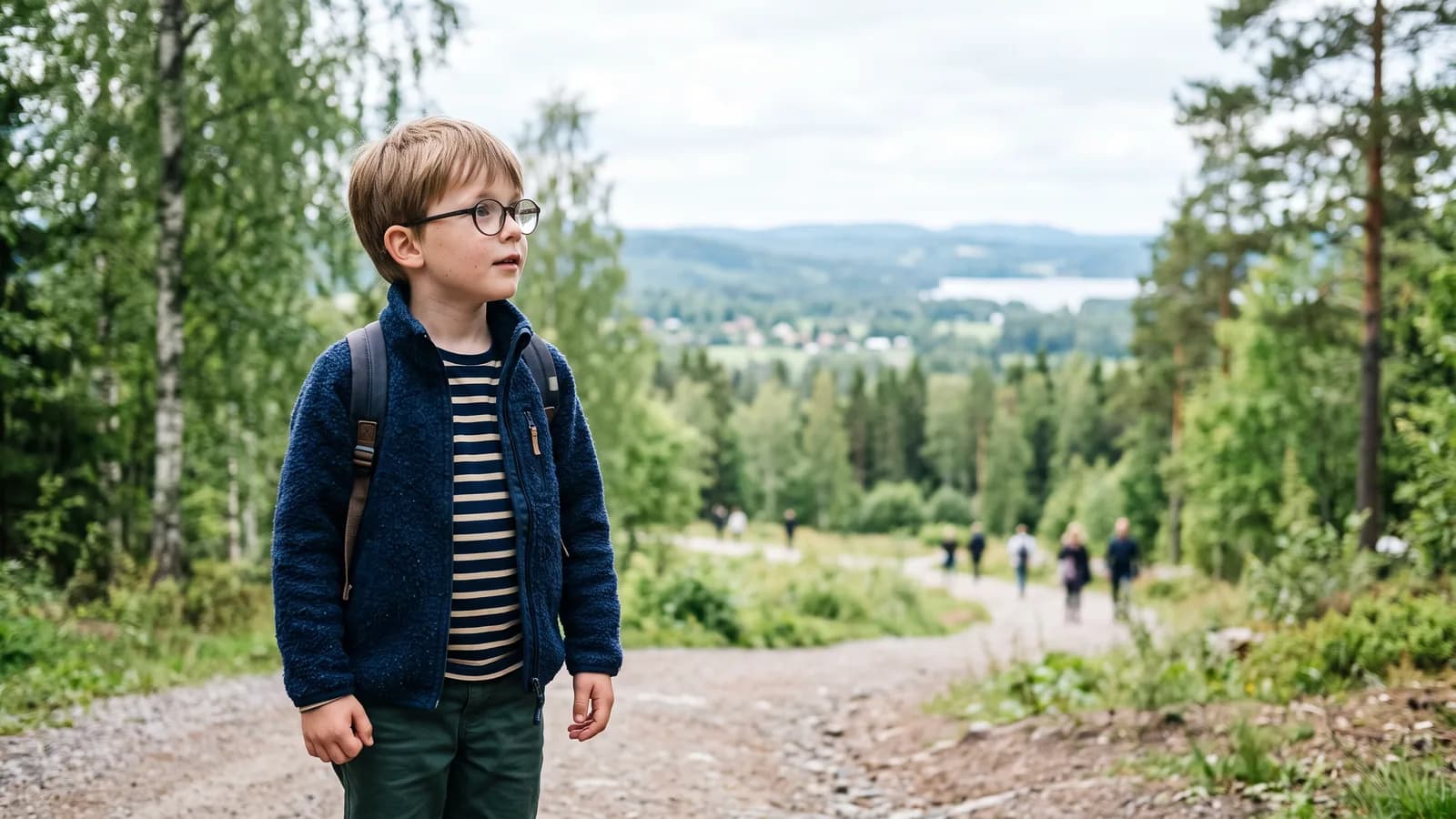 Et barn i skolealder med briller står ute i et lyst nordisk parklandskap og ser nysgjerrig mot horisonten