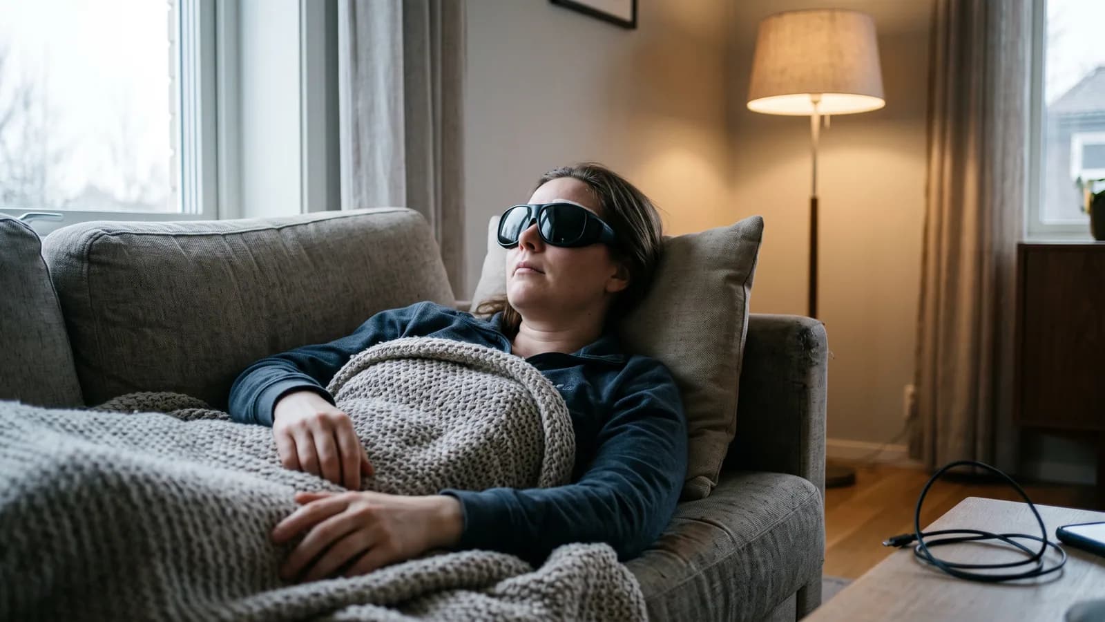 Person hviler hjemme med mørke solbriller dagen etter øyelaser