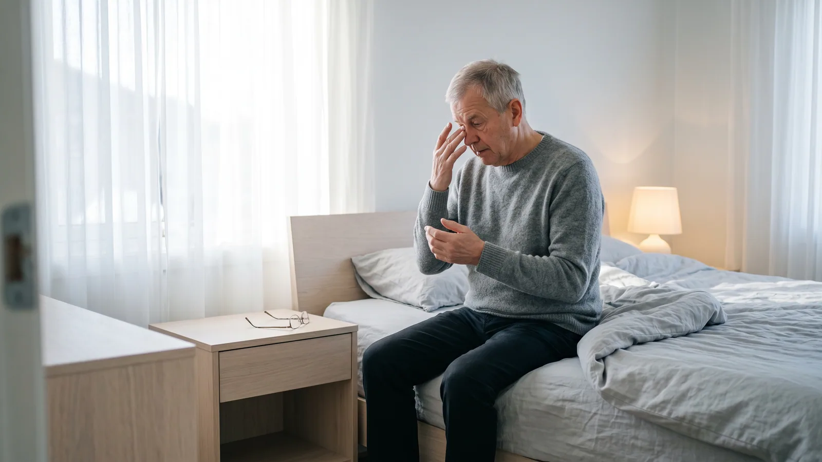 En mann i 70-årene sitter på sengekanten i et nordisk soverom i tidlig morgenlys og løfter hånden mot det ene øyet