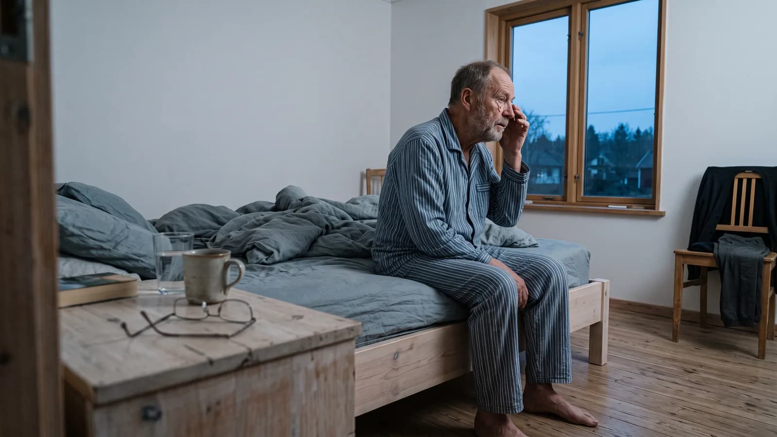 En mann i 70-årene sitter på sengekanten i et nordisk soverom i tidlig morgenlys og løfter hånden mot det ene øyet