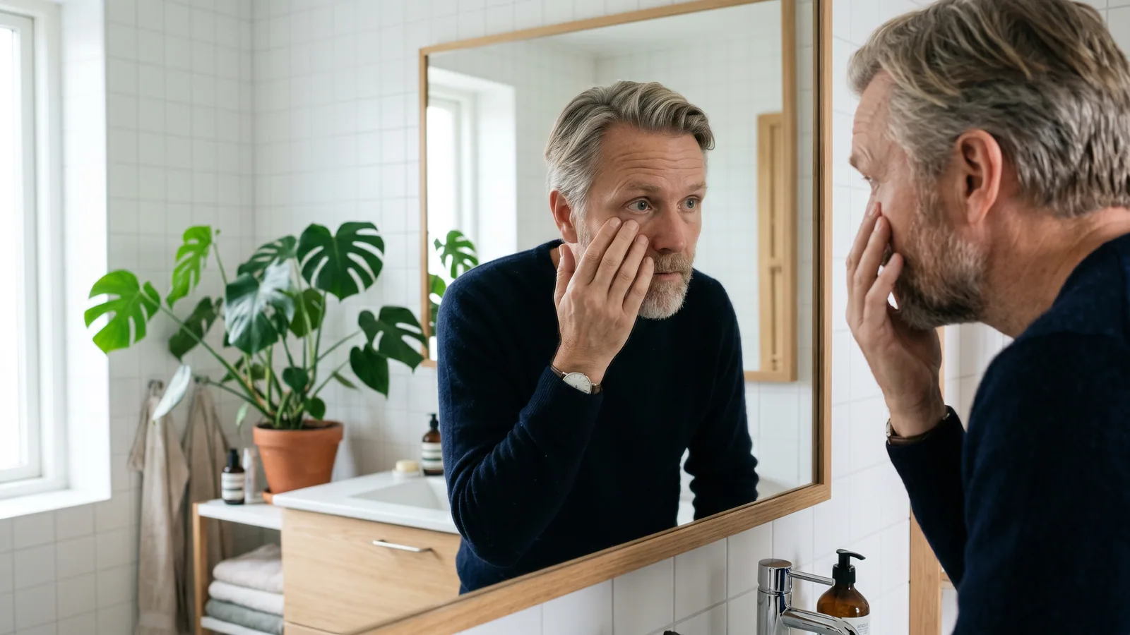 En mann i femtiårene står foran et lyst baderomsspeil og undersøker det ene øyet sitt nøye i morgenlyset.