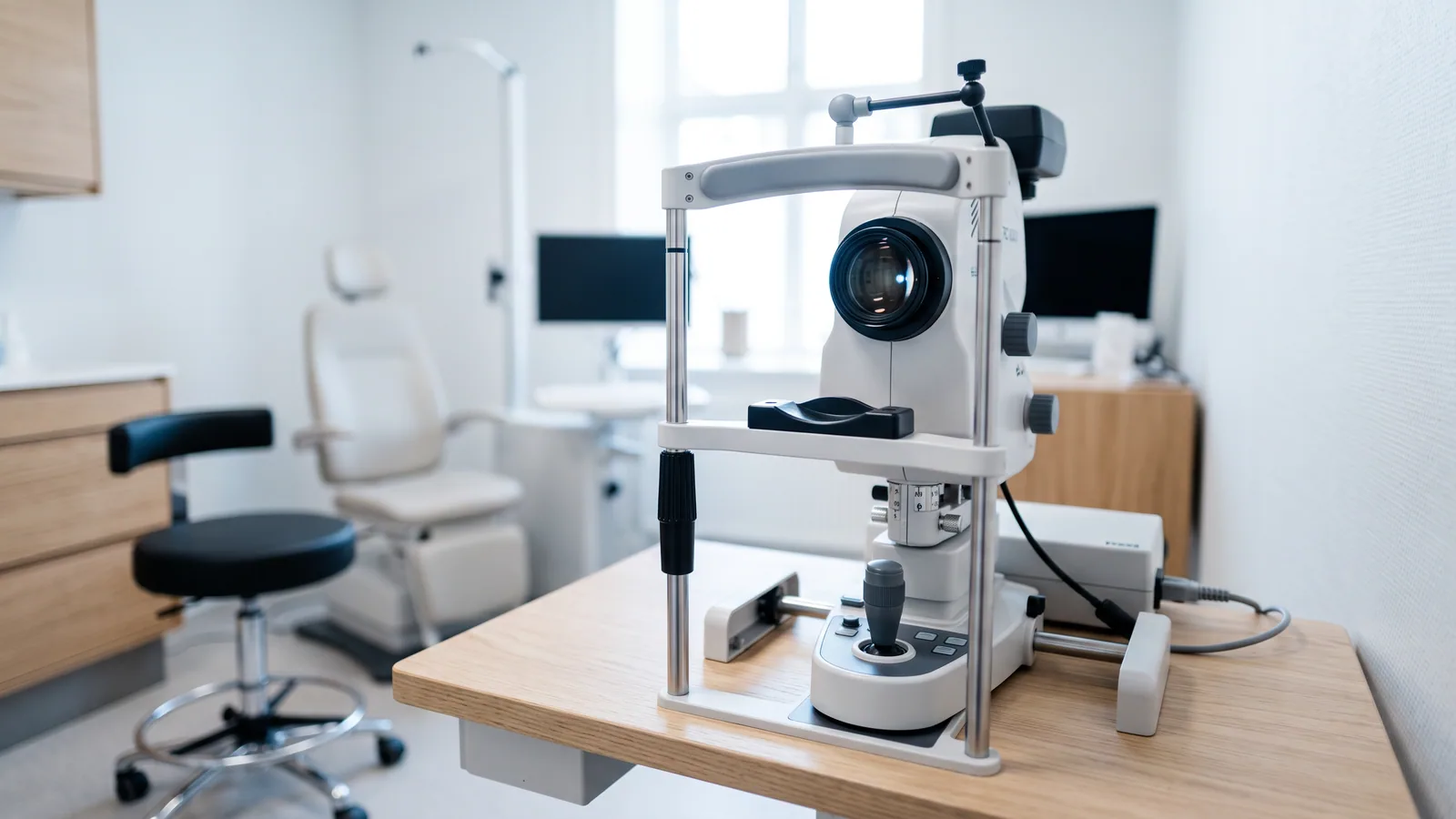 En kvinne i femtiårene sitter med haken mot støtten på et netthinnekamera på en lys øyeklinikk mens en optiker tar bilde av øyebunnen hennes