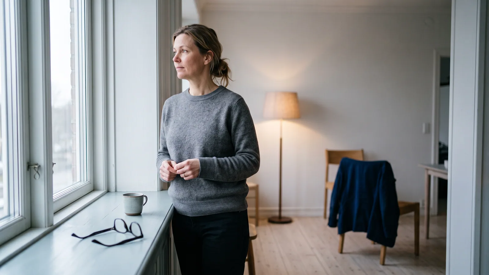 Kvinne i førtiårene står ved et stort vindu med utsikt over et nordisk landskap og ser ettertenksomt ut, med et sammenlagt brillepar lagt til side på vinduskarmen