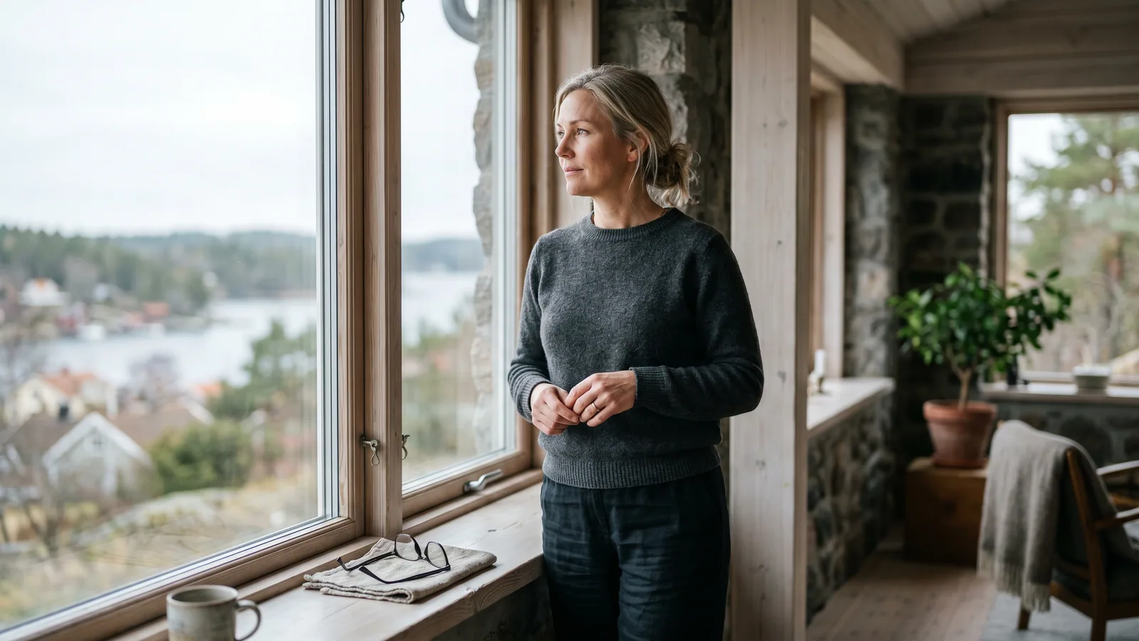 Kvinne i førtiårene står ved et stort vindu med utsikt over et nordisk landskap og ser ettertenksomt ut, med et sammenlagt brillepar lagt til side på vinduskarmen