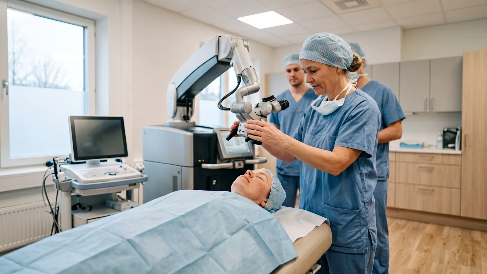 Pasient ligger på behandlingsbenken på operasjonsdagen mens en øyekirurg i operasjonstøy posisjonerer laseren over øyet i en lys klinikk.