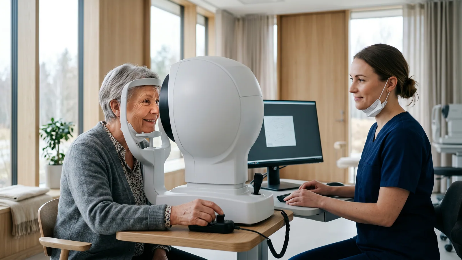 Eldre kvinne får øynene undersøkt med en øyeskanner hos en optiker i en lys skandinavisk klinikk.