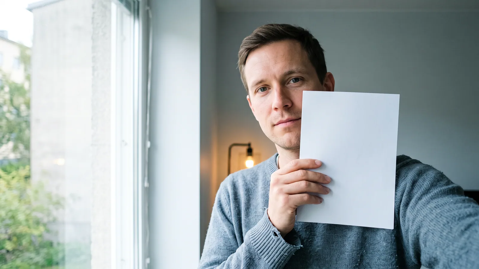 En mann i 30-årene står ved et vindu i dagslys og holder et hvitt ark inntil kinnet for å sammenligne fargen på øyehviten.