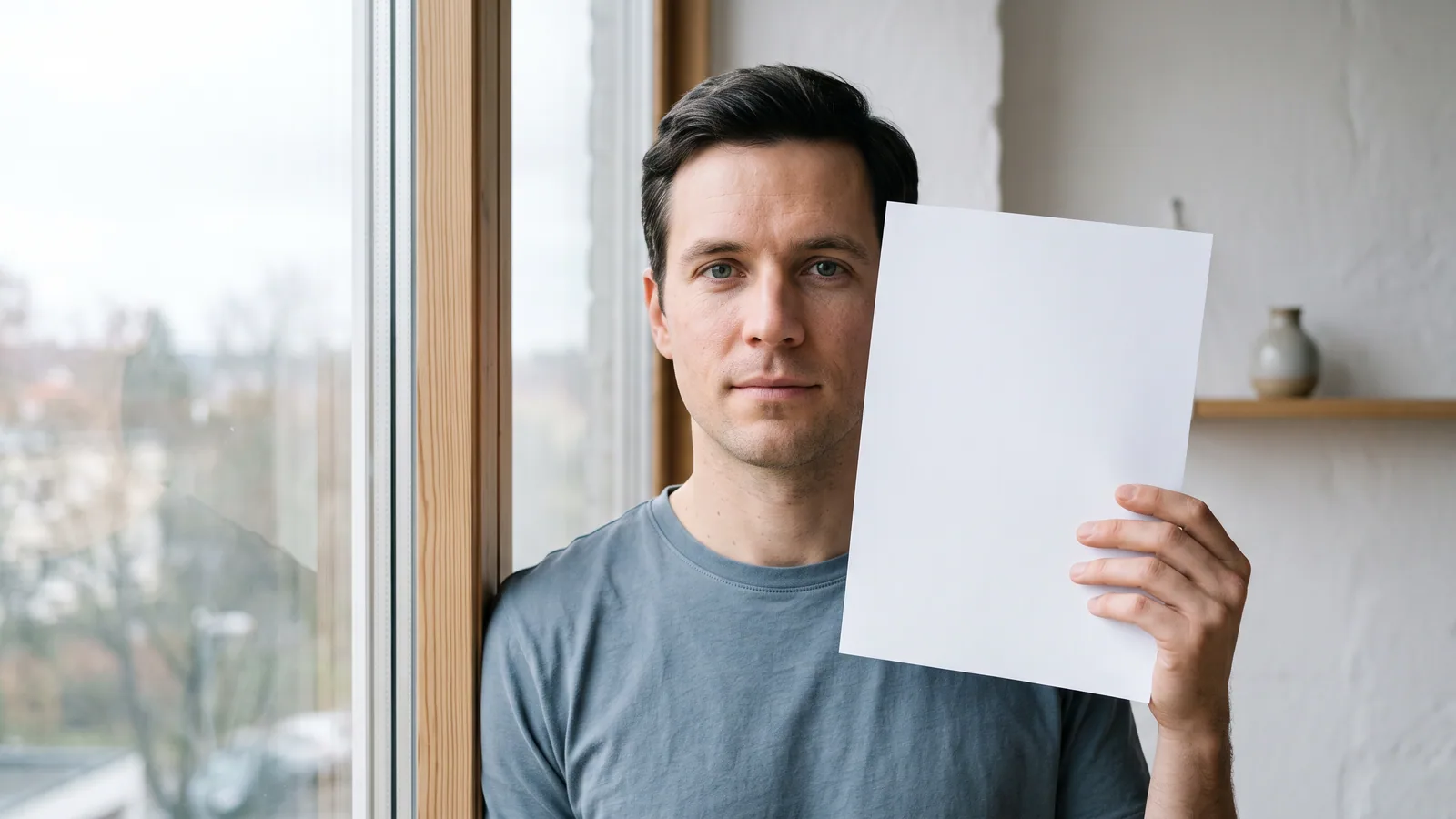 En mann i 30-årene står ved et vindu i dagslys og holder et hvitt ark inntil kinnet for å sammenligne fargen på øyehviten.