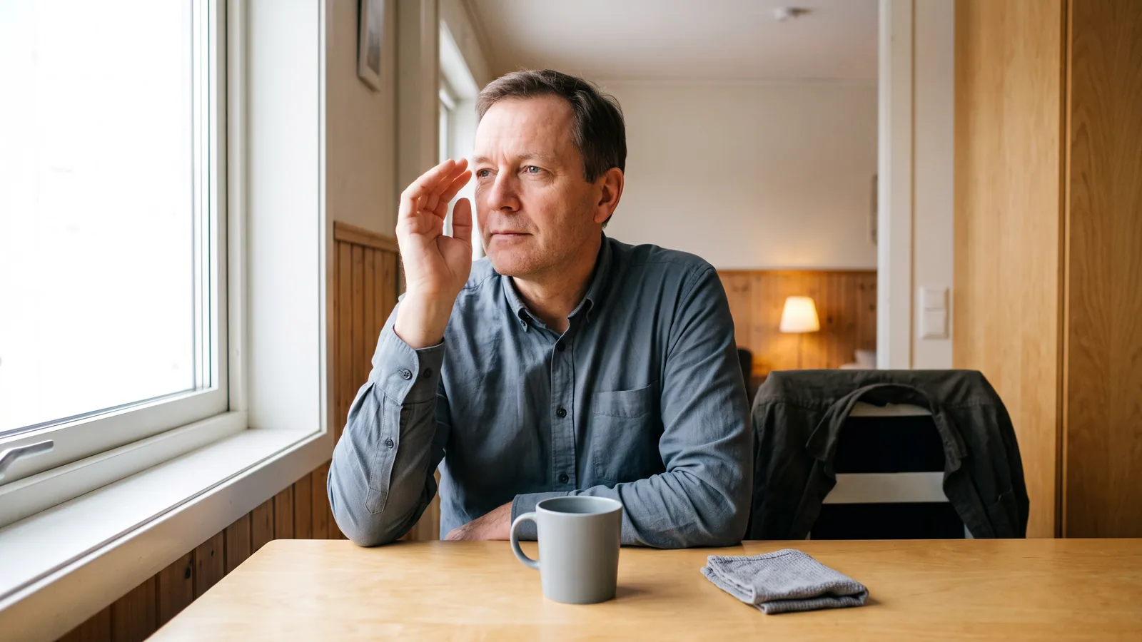 En mann i 50-årene står ved et lyst kjøkkenvindu, holder det ene øyet lukket og skjermer det for dagslyset med hånden