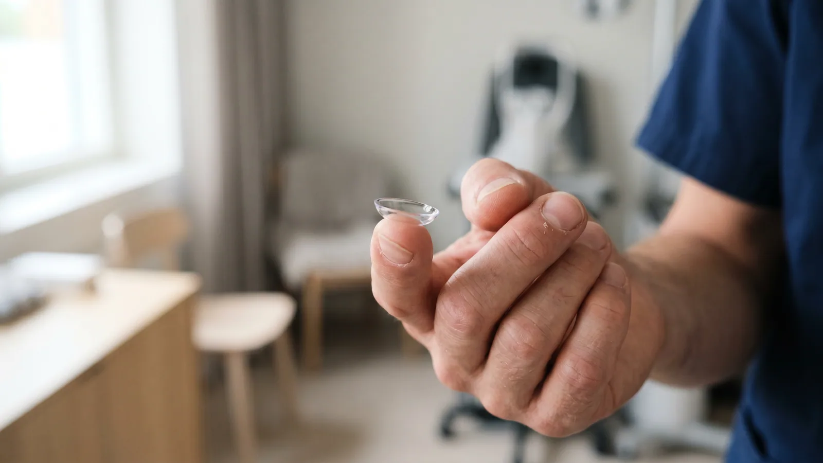 Nærbilde av en stiv kontaktlinse holdt mellom fingrene