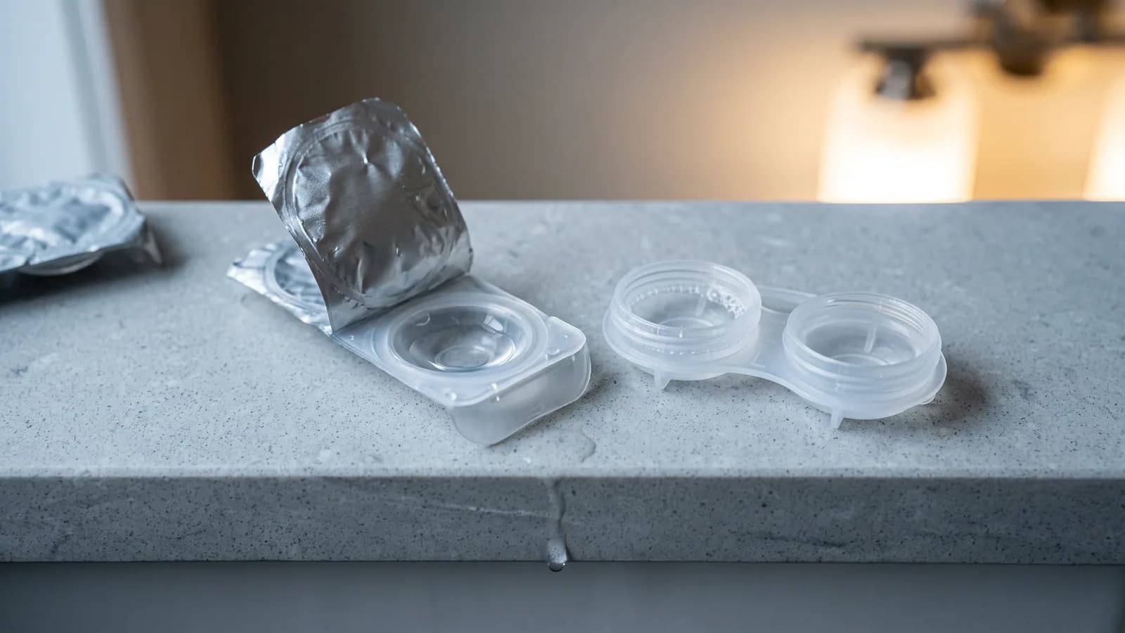Et halvåpnet blisterbrett med en endagslinse og et åpent linseetui står igjen på en lys benkeplate på badet