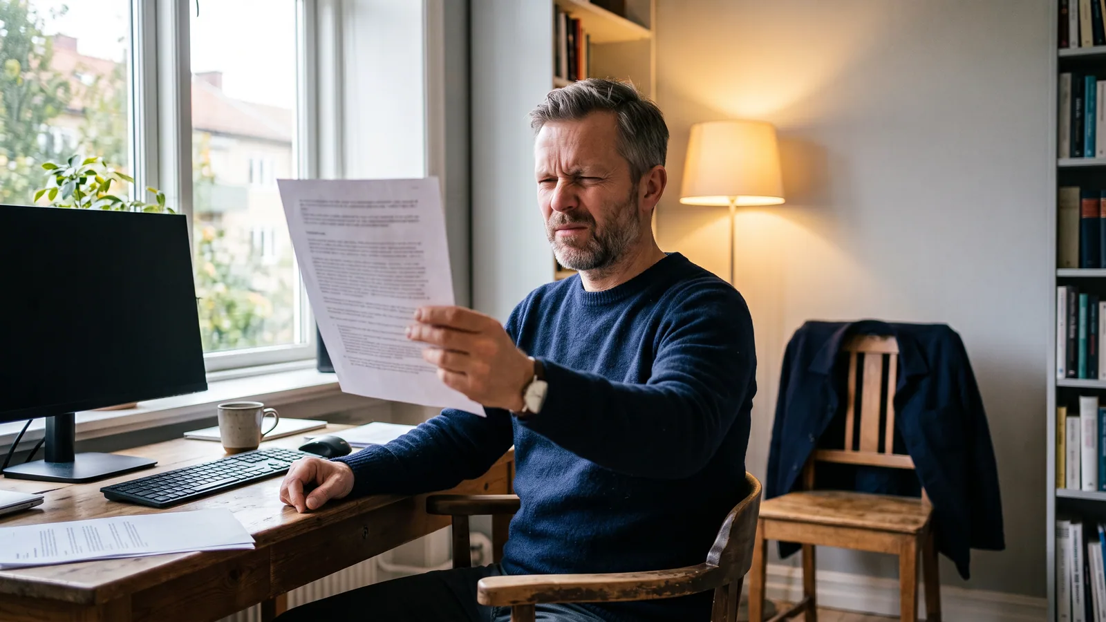 Mann holder et dokument på armlengdes avstand for å lese