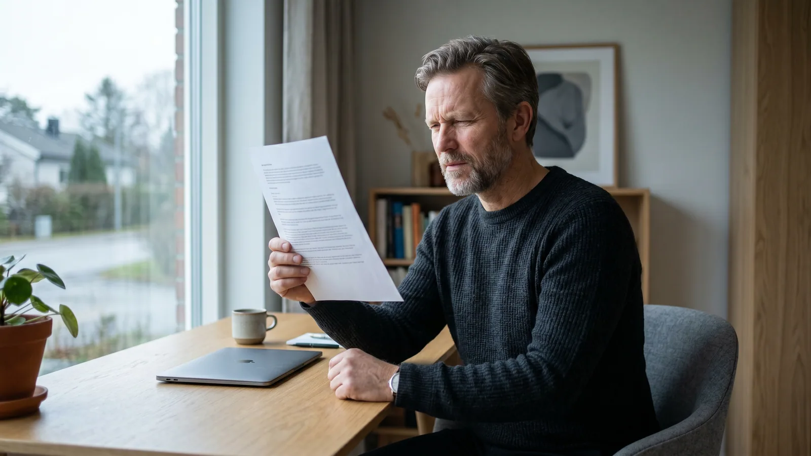 Mann holder et dokument på armlengdes avstand for å lese