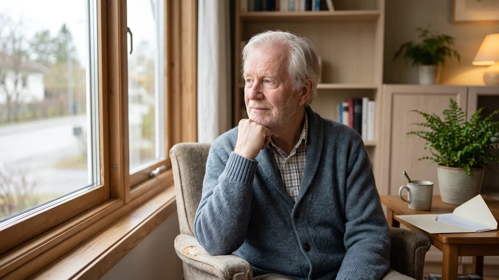 En eldre mann sitter ved et vindu og ser ettertenksomt ut i en rolig nordisk stue med dempet lys
