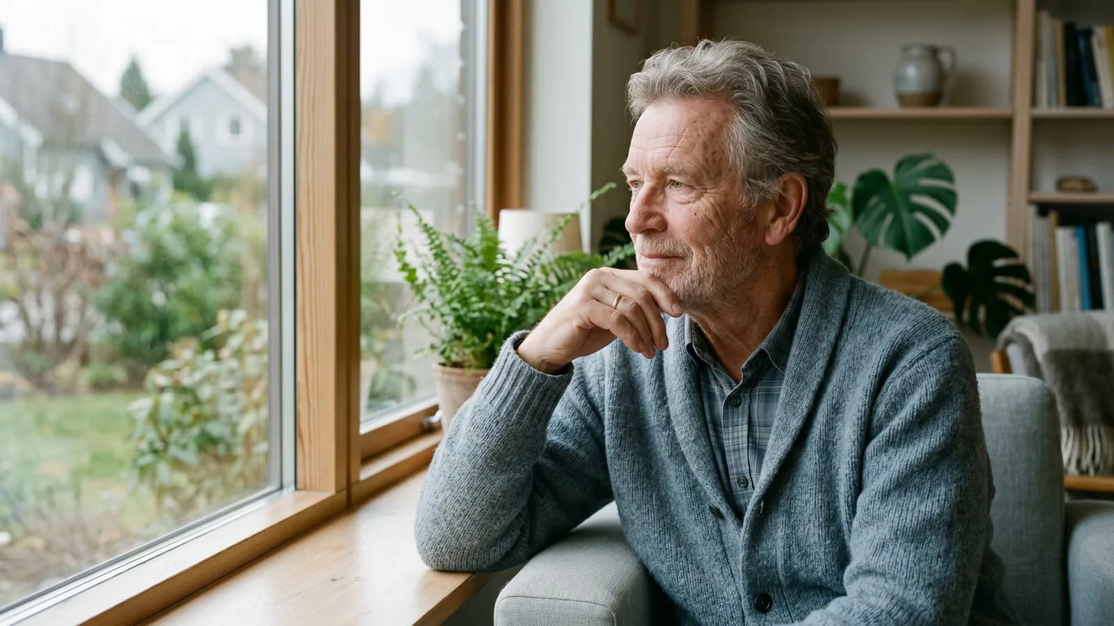 En eldre mann sitter ved et vindu og ser ettertenksomt ut i en rolig nordisk stue med dempet lys