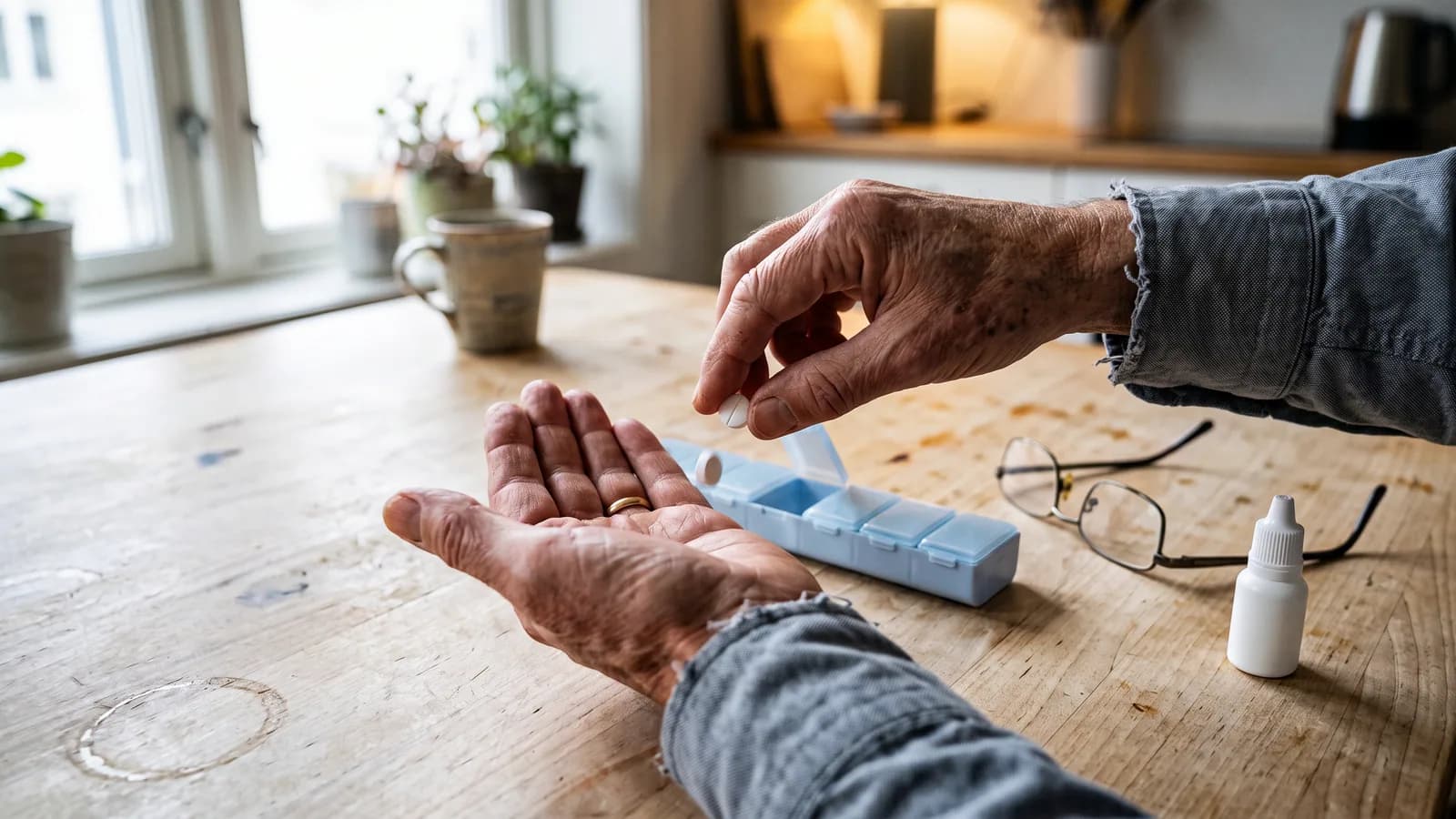 To hender ved et kjøkkenbord heller en tablett fra en ukesdosett over i håndflaten, med lesebriller og en liten dråpeflaske ved siden av.
