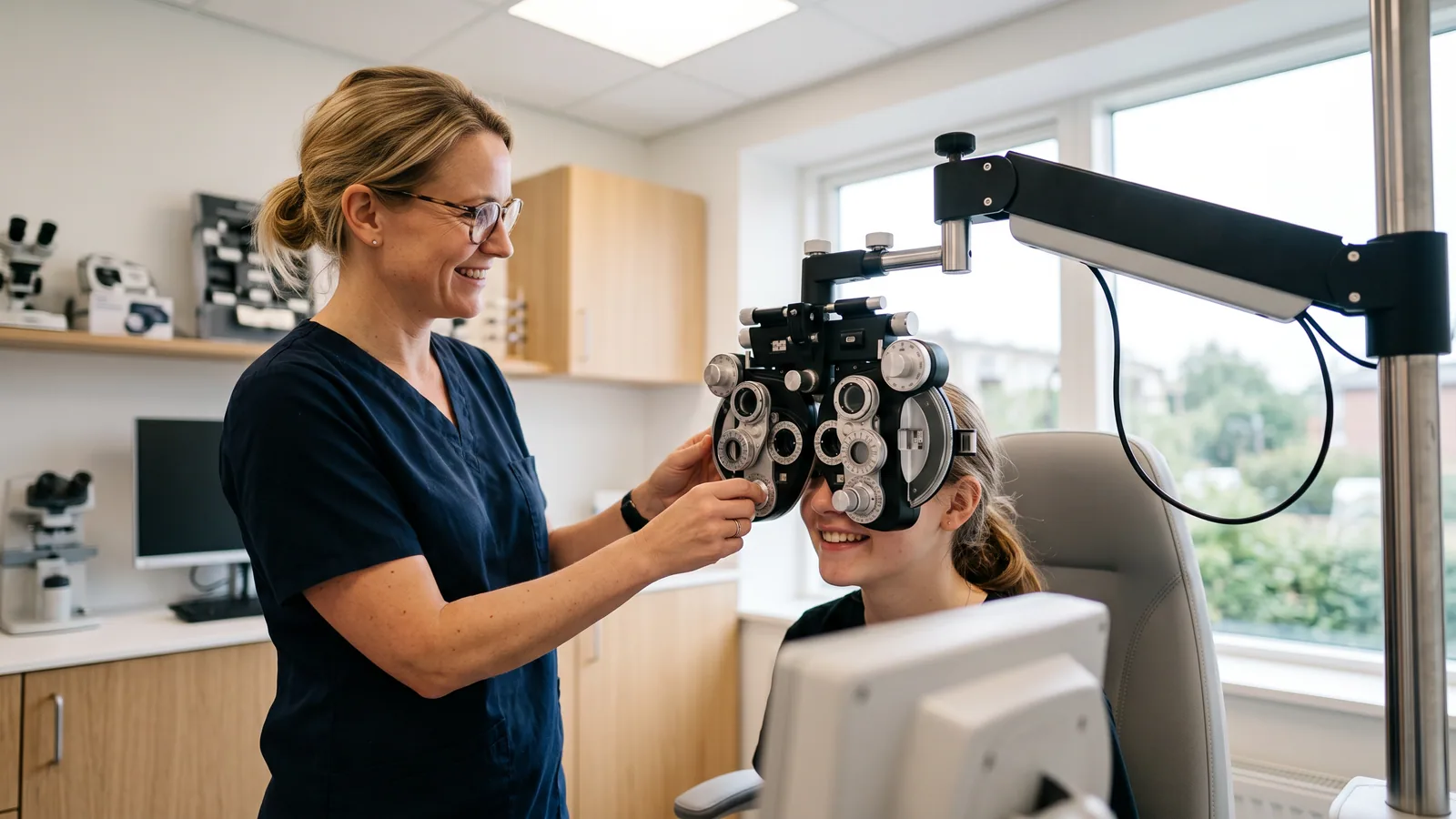 Ung kvinne tester synet med prøvebrille hos optiker under en synsundersøkelse