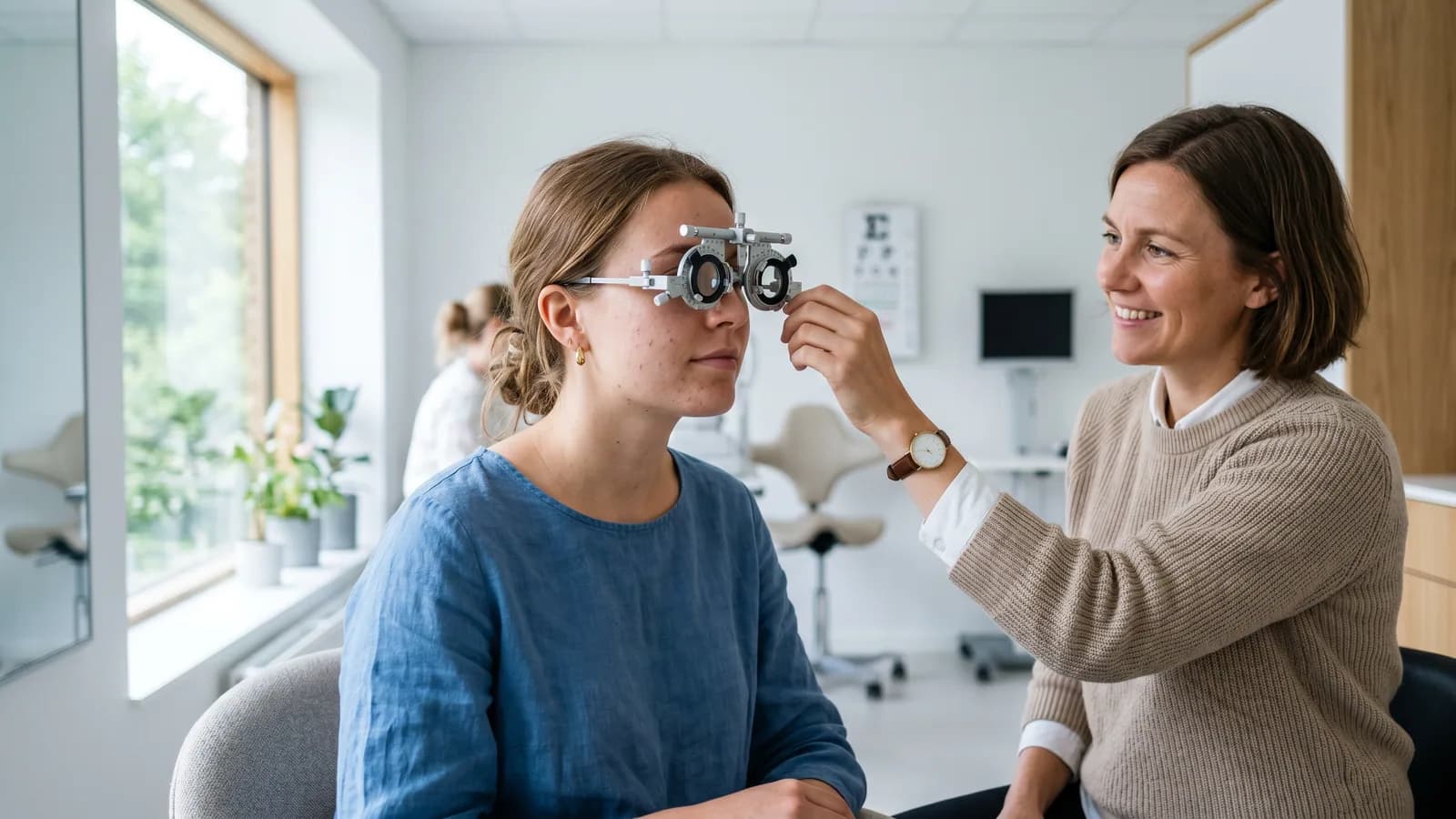 Ung kvinne tester synet med prøvebrille hos optiker under en synsundersøkelse