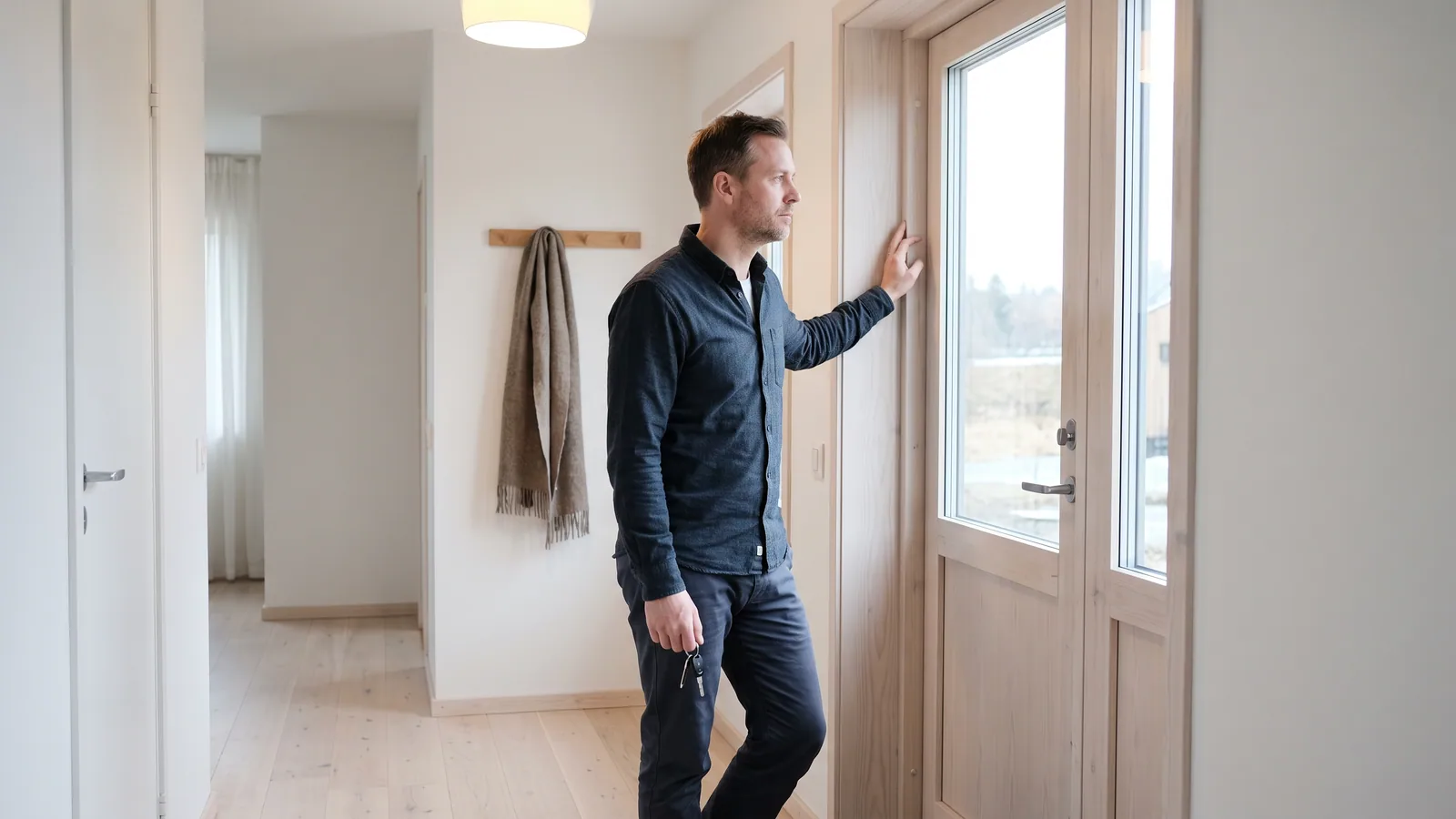 En voksen sjåfør bak rattet i blå vinterskumring på en snødekt vei, med uskarpe billykter som lysflekker langt fremme