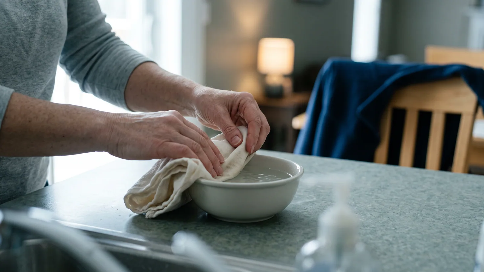 Et par hender bretter forsiktig en ren klut over en skål med vann under lokkhygiene