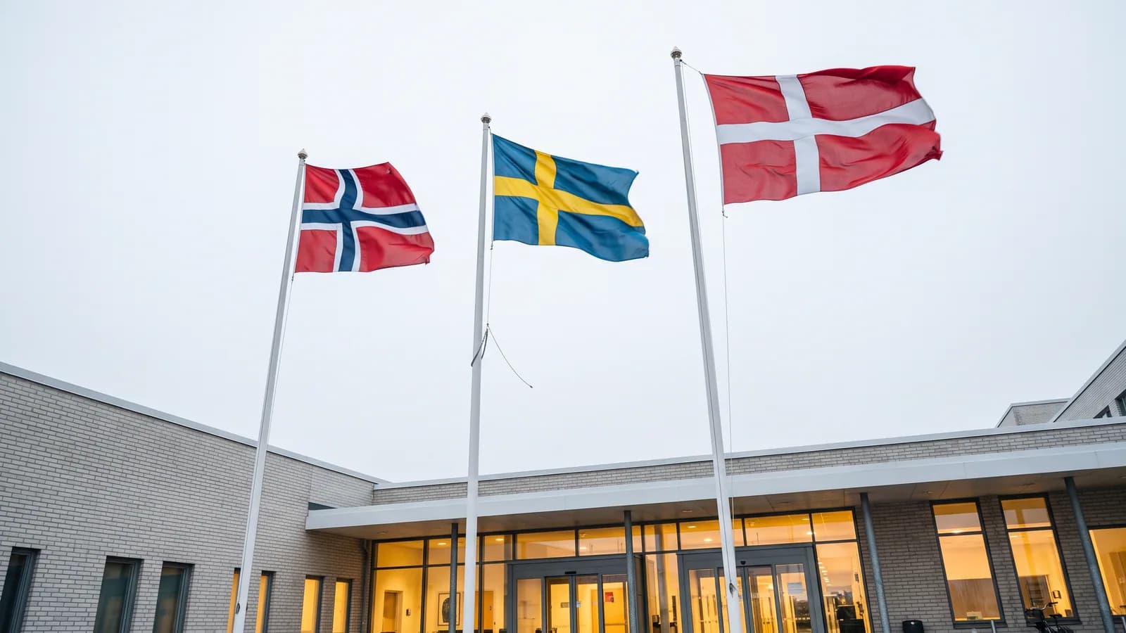 Norske, svenske og danske flagg på flaggstenger foran et moderne sykehus