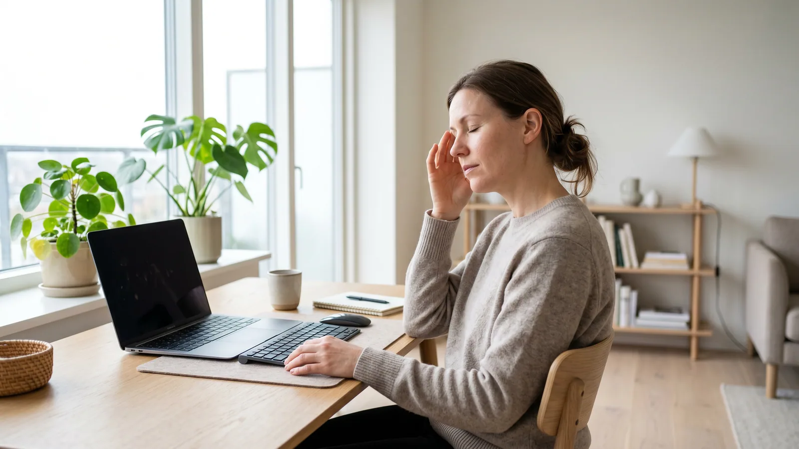 Kvinne ved et lyst hjemmekontor tar en pause fra laptopen og holder fingertuppene mot tinningen med øynene lukket.