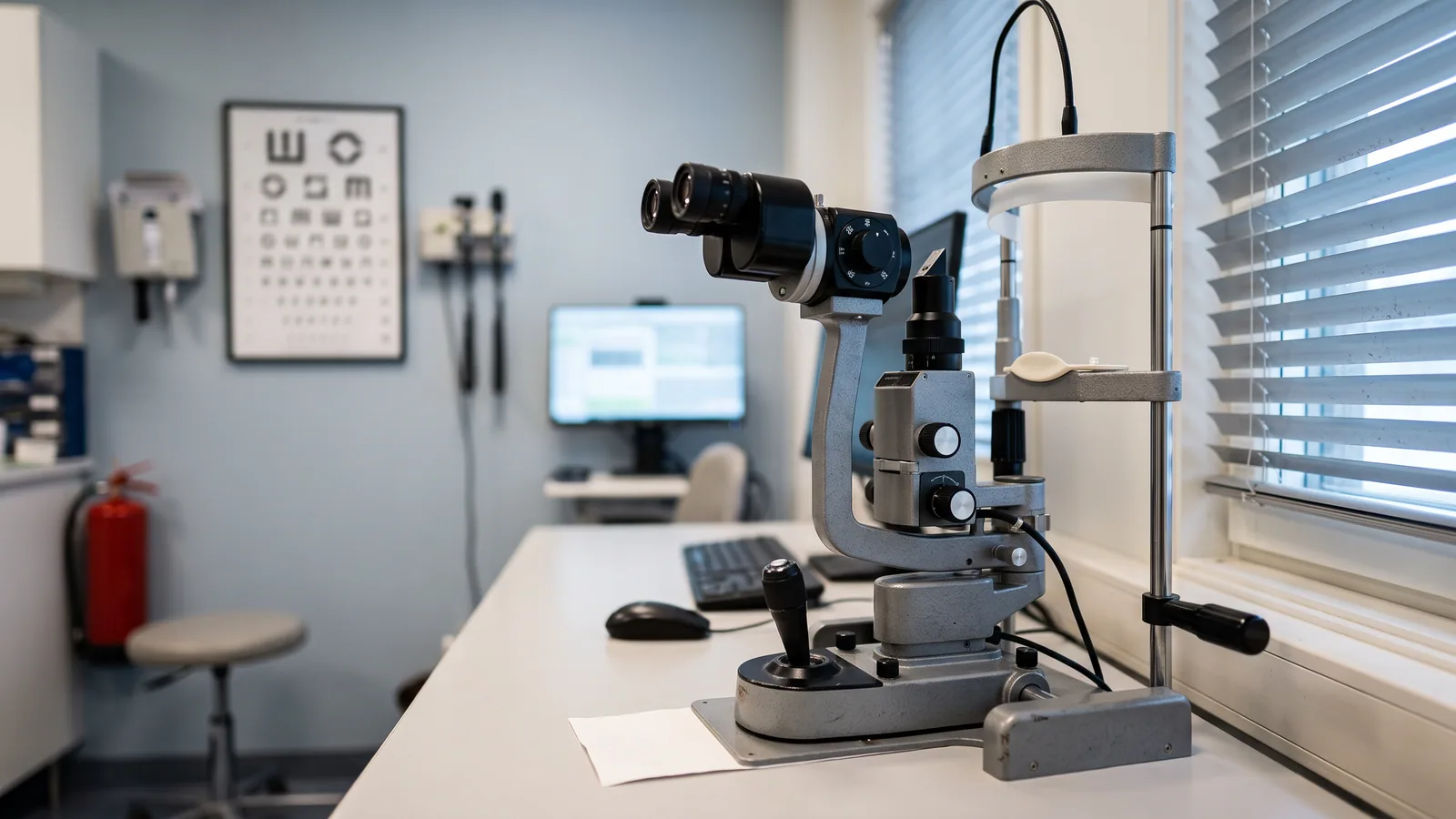 En spaltelampe, øyelegens undersøkelsesinstrument, på et bord i et rolig, tomt undersøkelsesrom med en synstavle i bakgrunnen