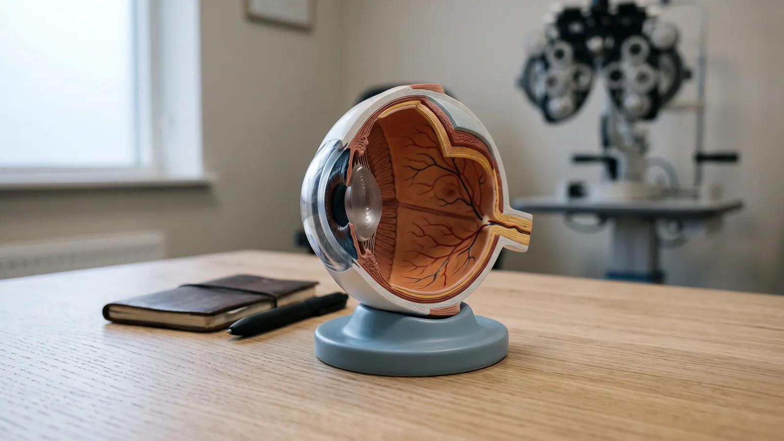 Gjennomskåret anatomisk modell av øyet på et lyst trebord, med hornhinne, linse og netthinne synlig, og en phoropter uskarpt i bakgrunnen