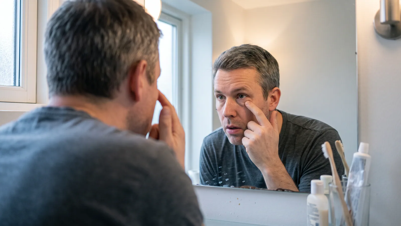 Mann i førtiårene lener seg mot badespeilet om morgenen og kjenner med fingertuppen på posen under det ene øyet