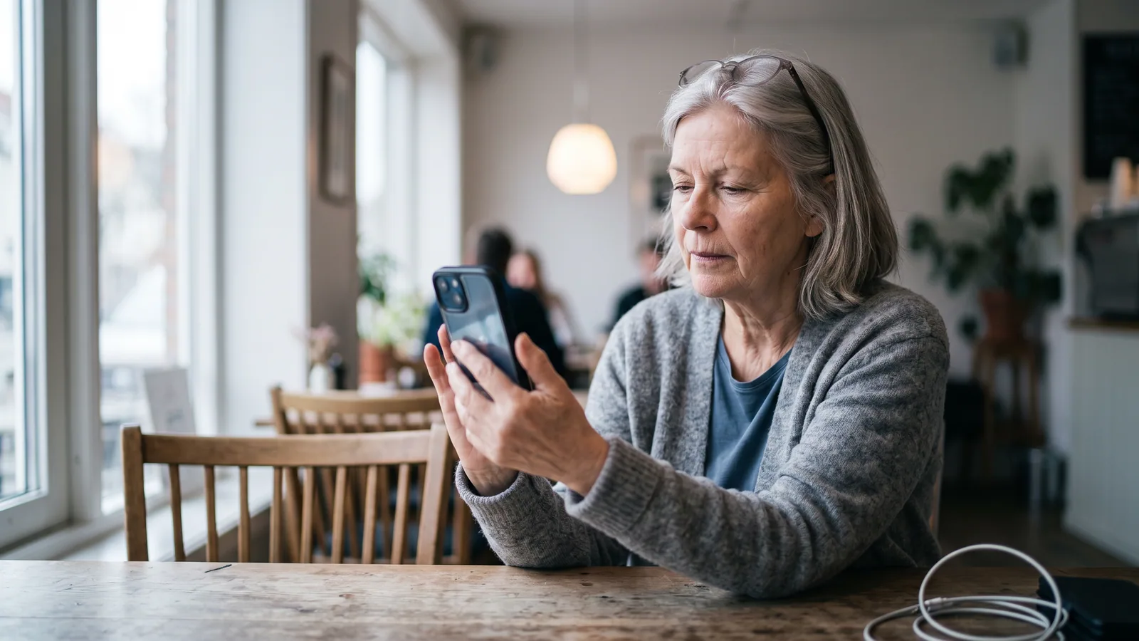 Eldre kvinne holder mobilen på avstand med lesebriller i pannen