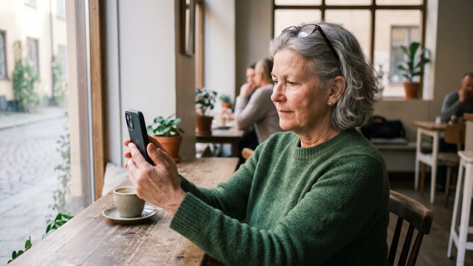 Eldre kvinne holder mobilen på avstand med lesebriller i pannen
