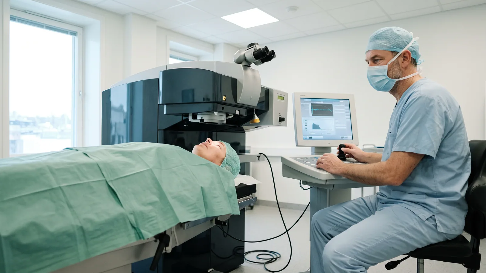 Pasient under en excimerlaser ved en PRK-øyeoperasjon mens en øyekirurg styrer behandlingen i en lys klinikk.
