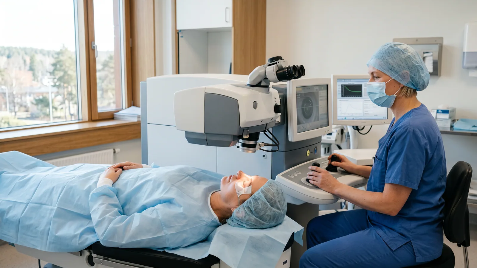 Pasient under en excimerlaser ved en PRK-øyeoperasjon mens en øyekirurg styrer behandlingen i en lys klinikk.