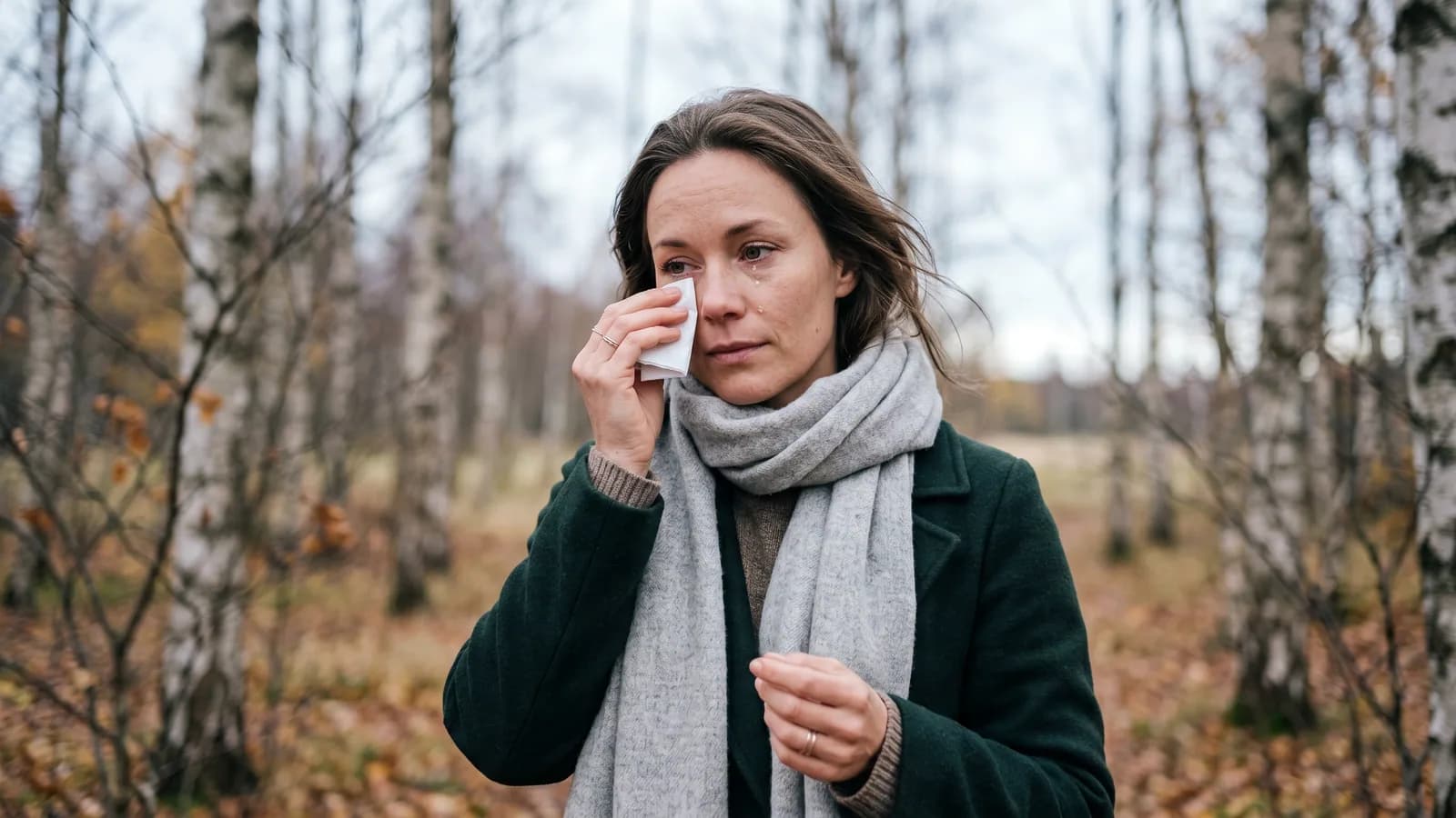En kvinne ute en kald høstdag tørker forsiktig et rennende øye med et papirlommetørkle, med en tåre på kinnet og bjørketrær i bakgrunnen.