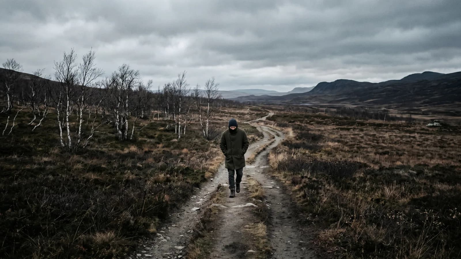 En person går alene på en forblåst høststi i et vidt, gråværsfarget landskap