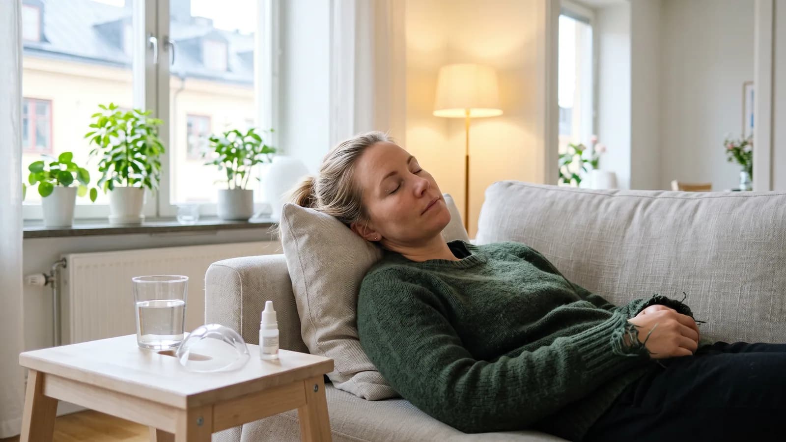 En person hviler avslappet på sofaen hjemme under restitusjonen etter øyelaser, med øyedråper og øyeskjold på sidebordet