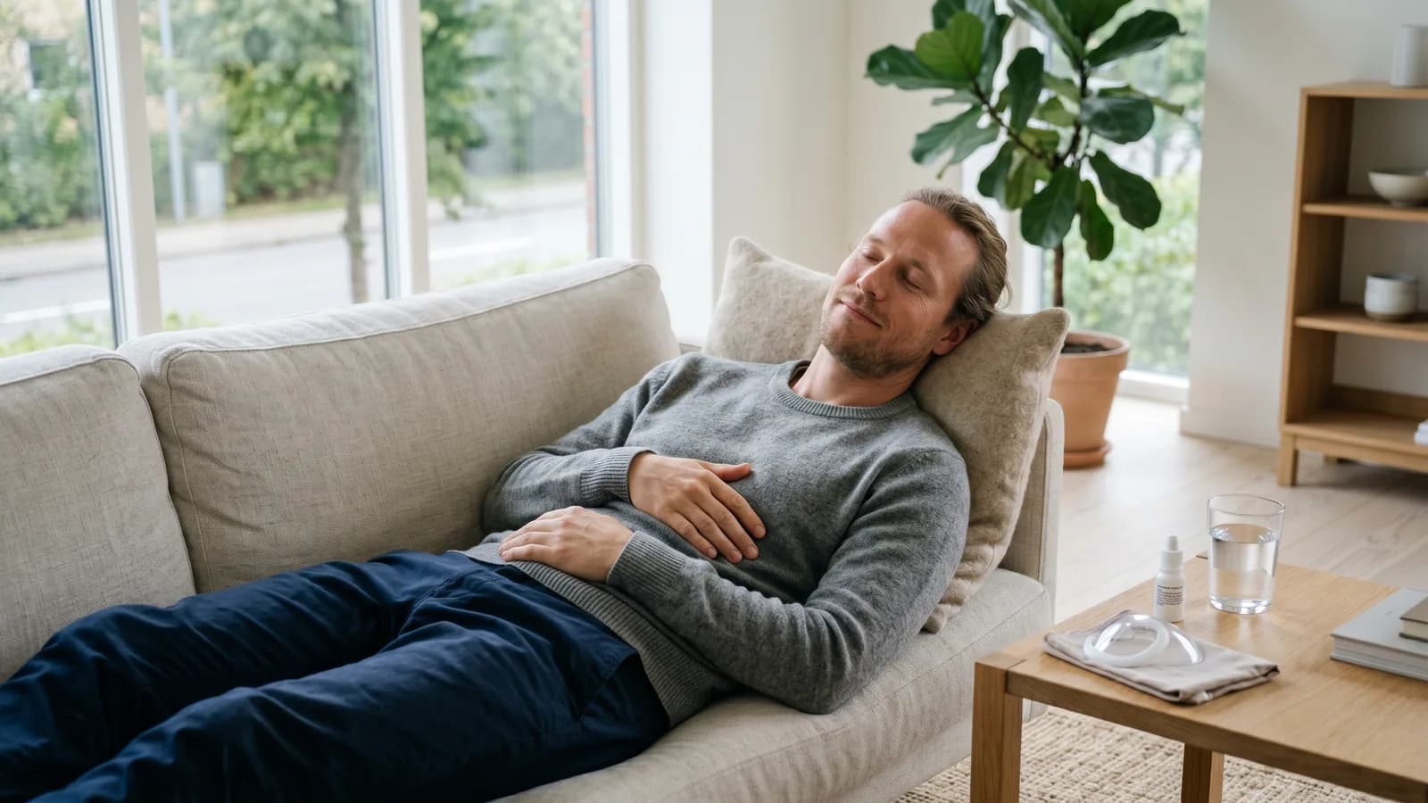 En person hviler avslappet på sofaen hjemme under restitusjonen etter øyelaser, med øyedråper og øyeskjold på sidebordet