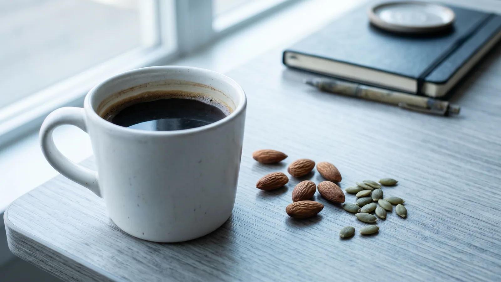 En kopp kaffe ved siden av mandler og gresskarkjerner på et skrivebord, knyttet til koffein og magnesium