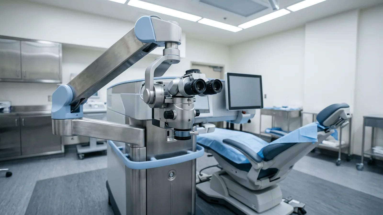 Moderne laser for øyeoperasjon over en tom behandlingsstol i et rent, klinisk laserrom