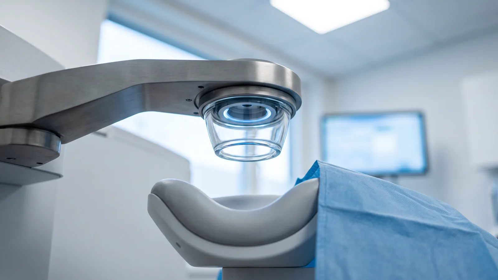 Nærbilde av dokkekjeglen på en femtosekundlaser for øyelaser, med et svakt blått lys, over en tom pasientstol i en lys nordisk øyeklinikk.