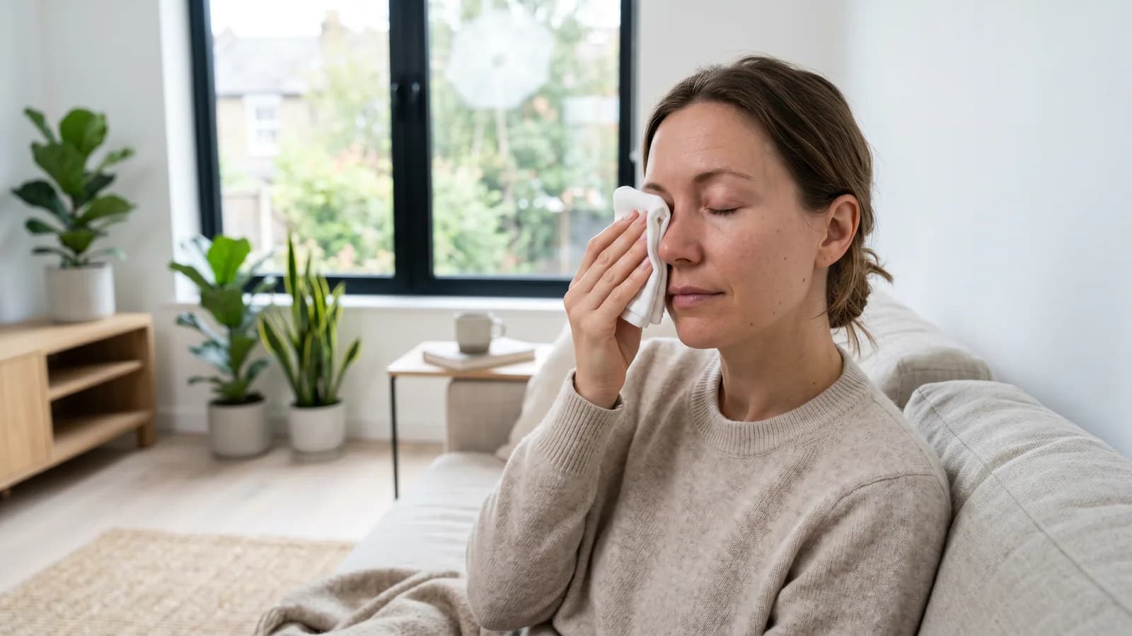 Kvinne sitter i en lys sofa og holder en varm, sammenbrettet klut forsiktig mot et hovent øyelokk.