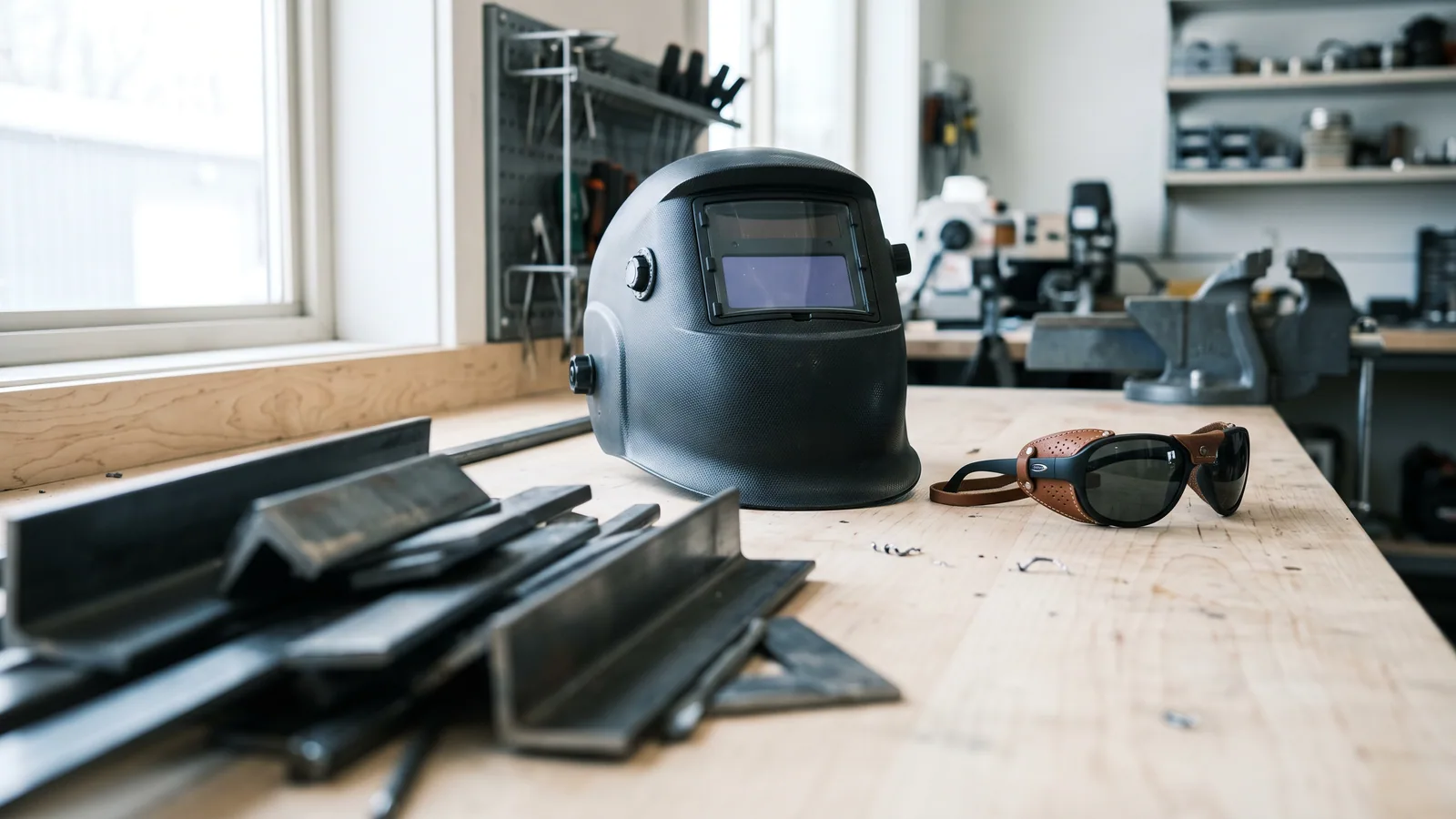 Verkstedbenk i dagslys med en sveisehjelm med automatisk sveiseglass og et par tettsittende brebriller