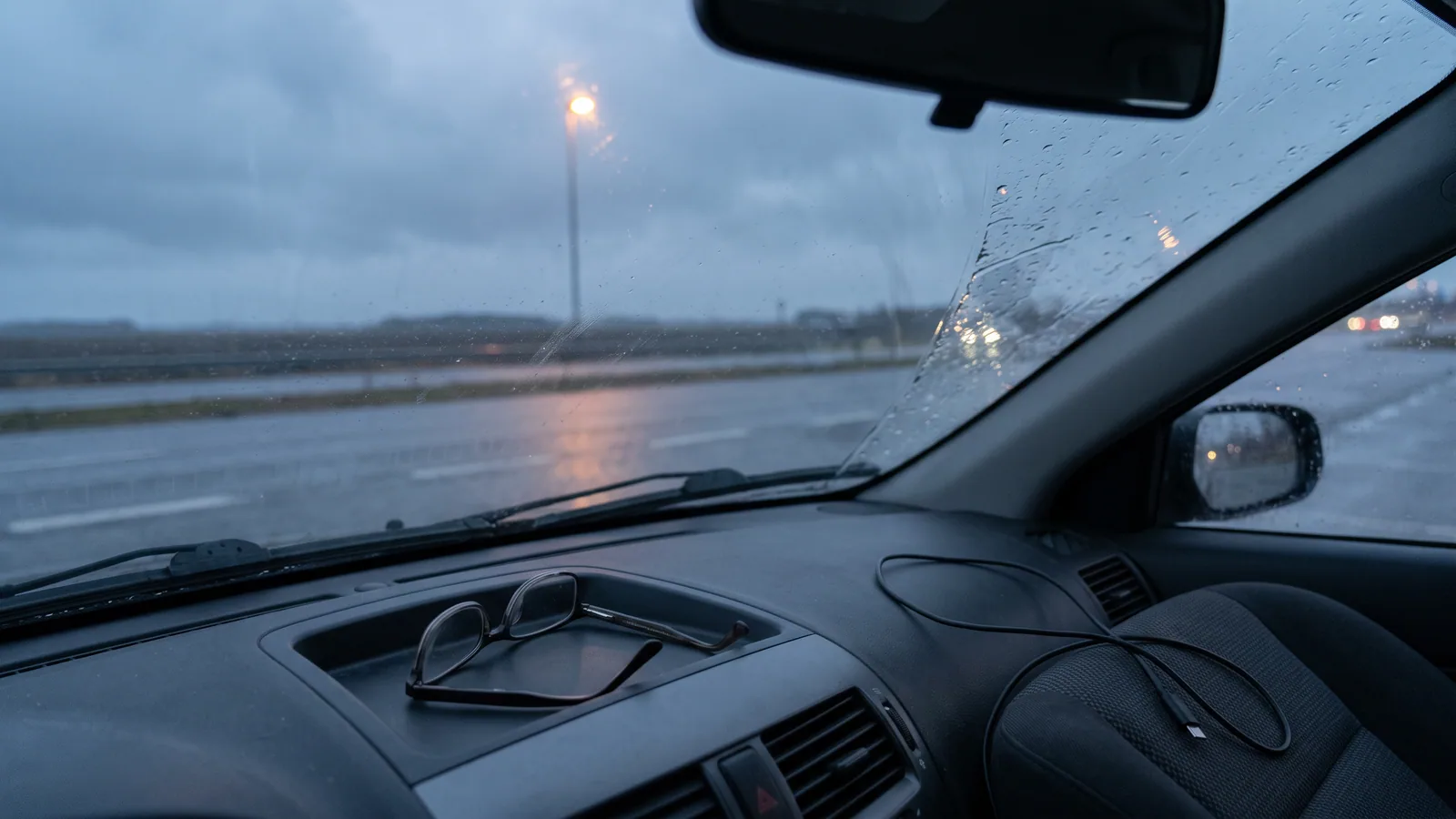 Briller lagt sammen på dashbordet i en parkert bil, med en våt landevei og en gatelykt i skumringen gjennom frontruta