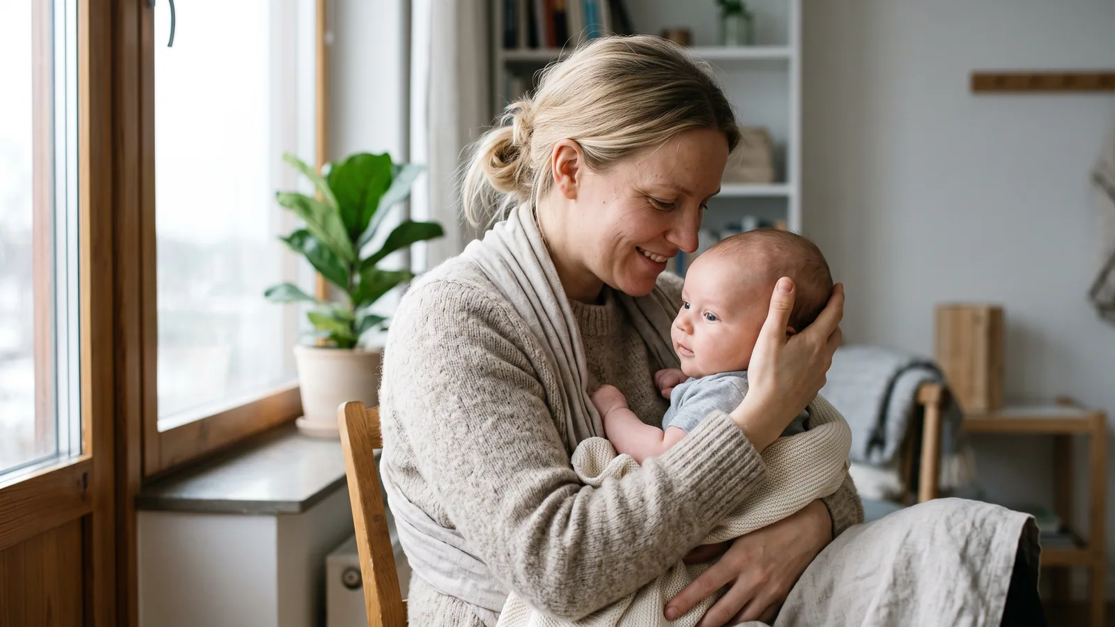 En nordisk forelder holder rolig et fornøyd spedbarn inntil seg ved et lyst vindu i mykt dagslys
